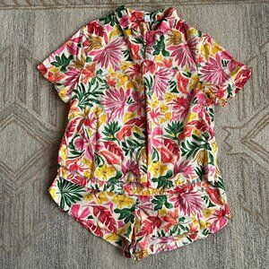 Tropical Botanical Cottagecore Sleepwear Cotton Pajama Set Womens L